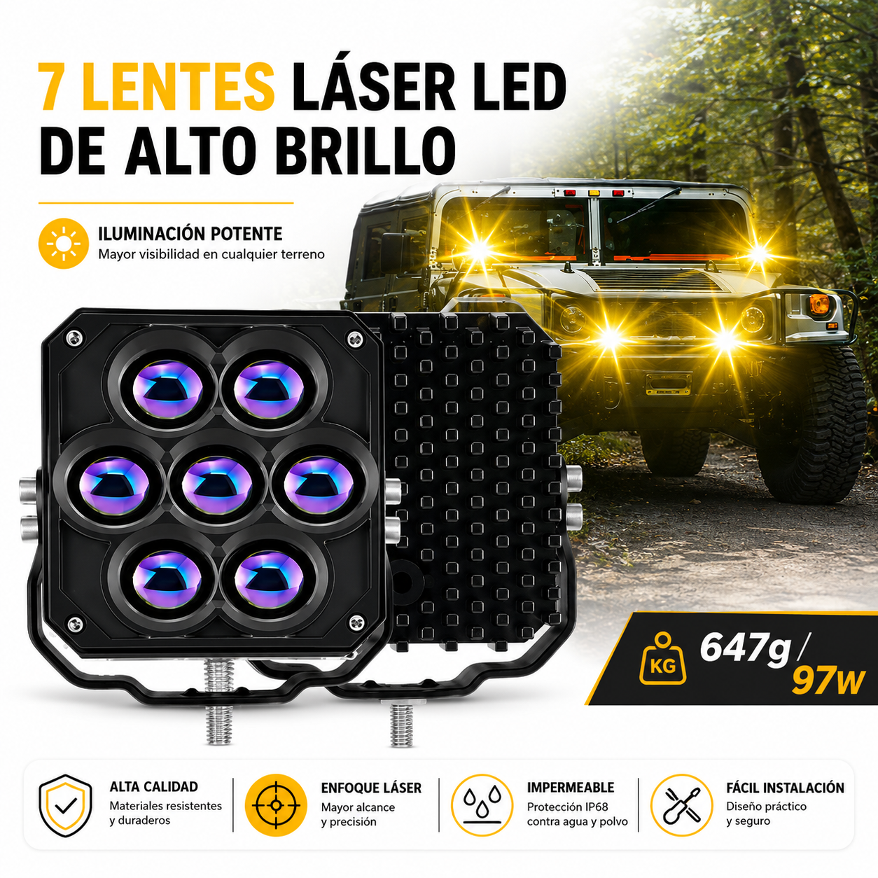 TB-241 PAR EXPLORADORA CUADRADA MINIDRIVING DE 7 LUPAS LÁSER, CON LUZ BLANCA Y AMARILLA DE ALTA INTENSIDAD, DISEÑADA PARA OFRECER UNA ILUMINACIÓN POTENTE Y DE MAYOR ALCANCE. - Imagen 5